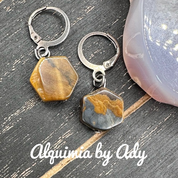 Hexagon Tiger eye Stone Earrings - Picture 1 of 1